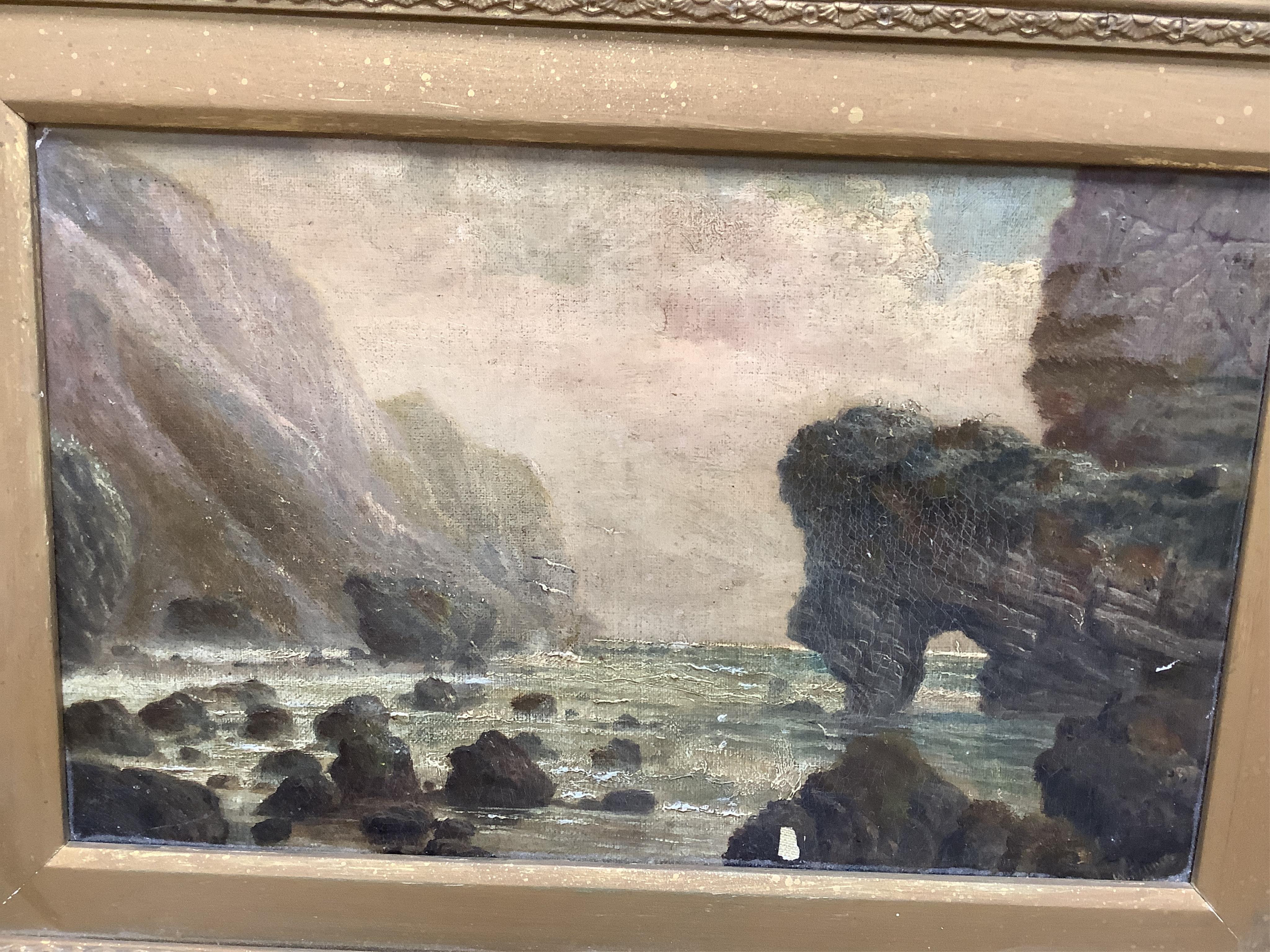 19th century English School, oil on board, Dorset Jurassic coast, showing a coastal rock formation similar to Durdle Door, 18 x 29cm, gilt frame. Condition - fair, some paint chips